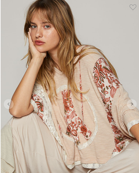 V-Neck Floral Print Peace Patch Lace Top
