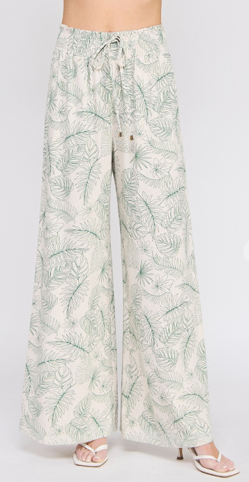 Wide Leg Linen Pants - Green Tropics