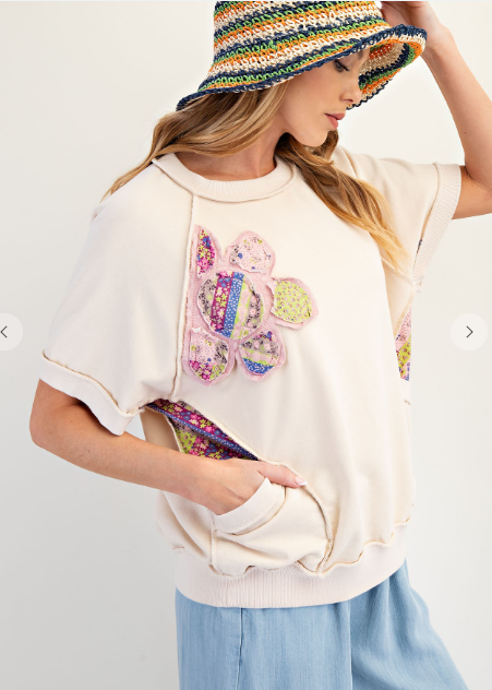 Flower Patch Terry Knit Top W/Pocket