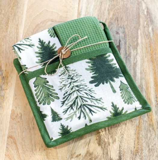 Green/White Tree Potholder Towel Set