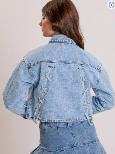 Cropped Lace Up Back Rigid Denim Jacket
