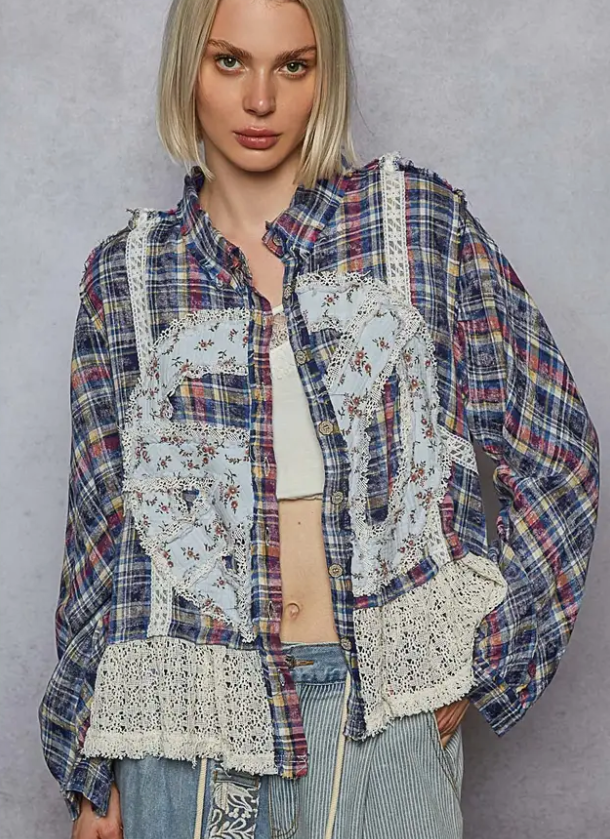 Plaid Pattern W/Peace Patch Shirt