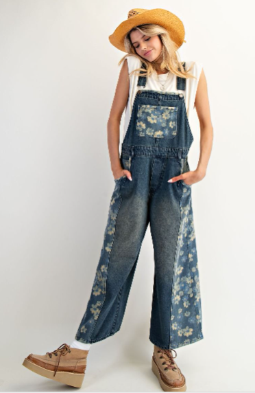 Floral Print Mix Washed Overalls