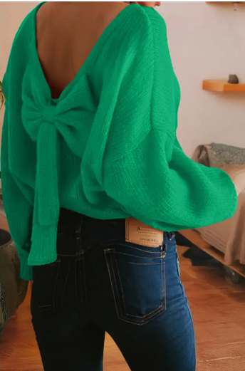 Bow Backless Bubble Sleeve Sweater