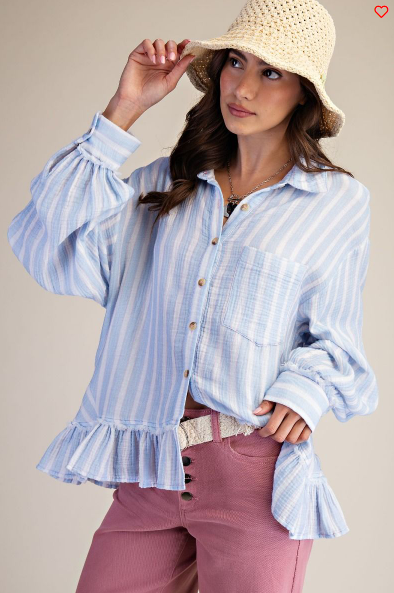 Stripe Cotton Gauze Ruffled Bottom Blouse