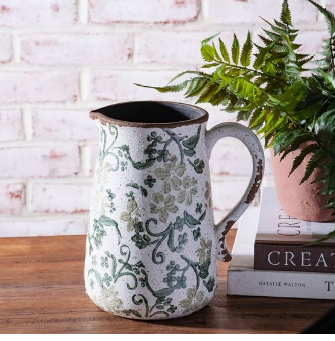8" Two Tone Green Floral Pitcher