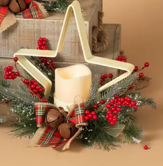 10" Metal Star Christmas Candle Holder W/ PVC, Berry, and 3" LED Candle - Multiple Colors