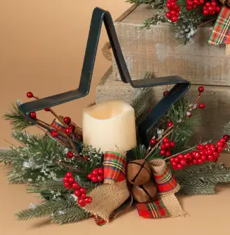 10" Metal Star Christmas Candle Holder W/ PVC, Berry, and 3" LED Candle - Multiple Colors