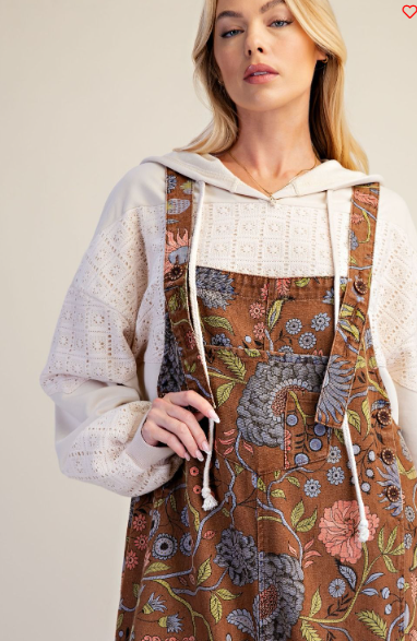 Flower Print Overalls-Mocha