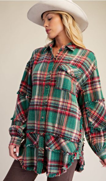 Plaid Self Fray Washed Button Down Shirt-Pine Green