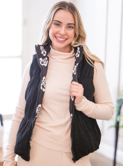 The Gillian Reversible Black and Floral Puffer Vest