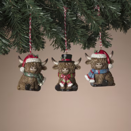 2.9"H Resin Holiday Highland Cow Ornament - Multiple Designs
