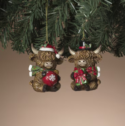 2.95"H Resin Holiday Highland Cow Ornament - Multiple Designs