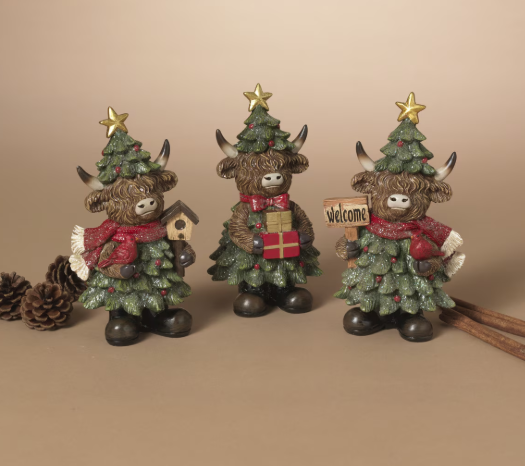 6.89"H Resin Holiday Highland Cow - Multiple Designs