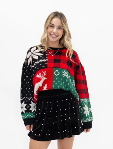 PREORDER- Patchwork Holiday Reindeer And Snowflakes Sweater