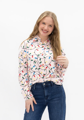PREORDER- Kathryn Classic Button-Up Christmas Lights Top