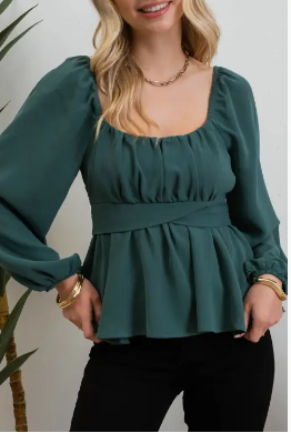 Scoop Neck Back Waist Tie Blouse