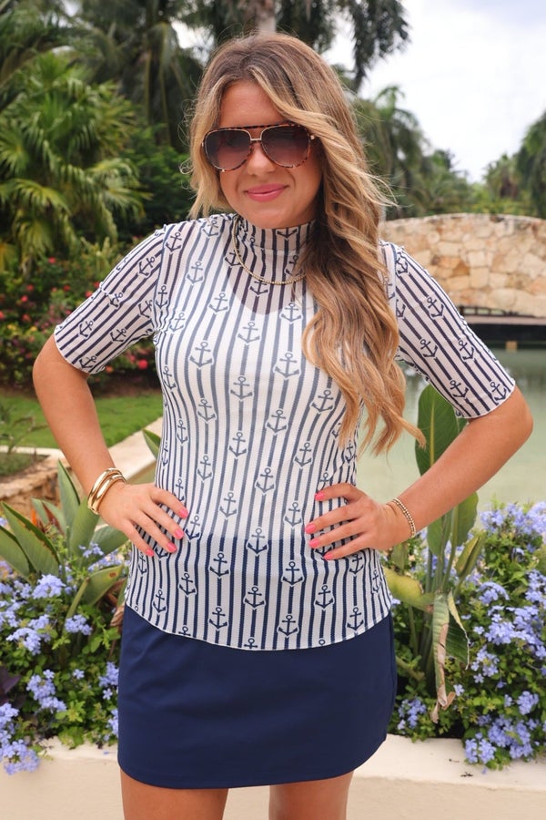 Kora Short Sleeve Mesh Top- Anchor Harbor