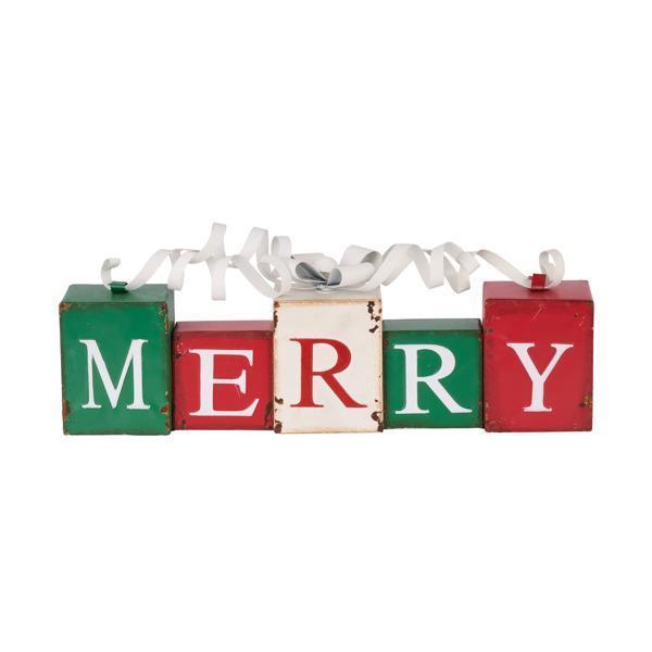 16.25"L Antique Red, Green and White Metal Merry Block Piece