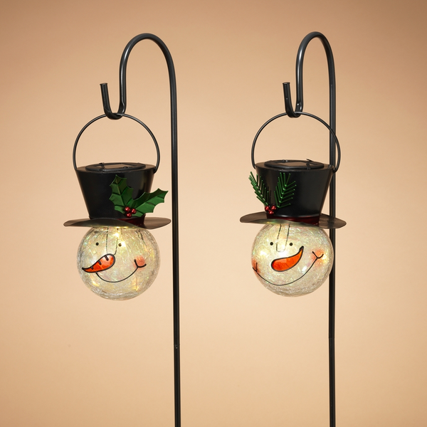 31.75"H Shepherd Hook W/ Solar Lighted Metal & Crackle Glass Snowman Head - Multiple Designs