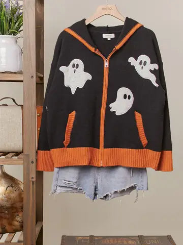 Halloween Ghost Patch Zip Up Hoodie