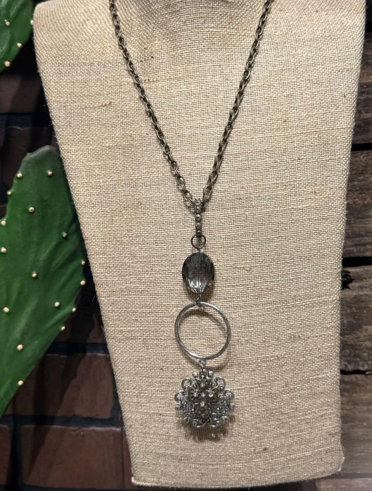 Simple Chain W/Glass, Ring & Filigree/Cross Pendant Necklace