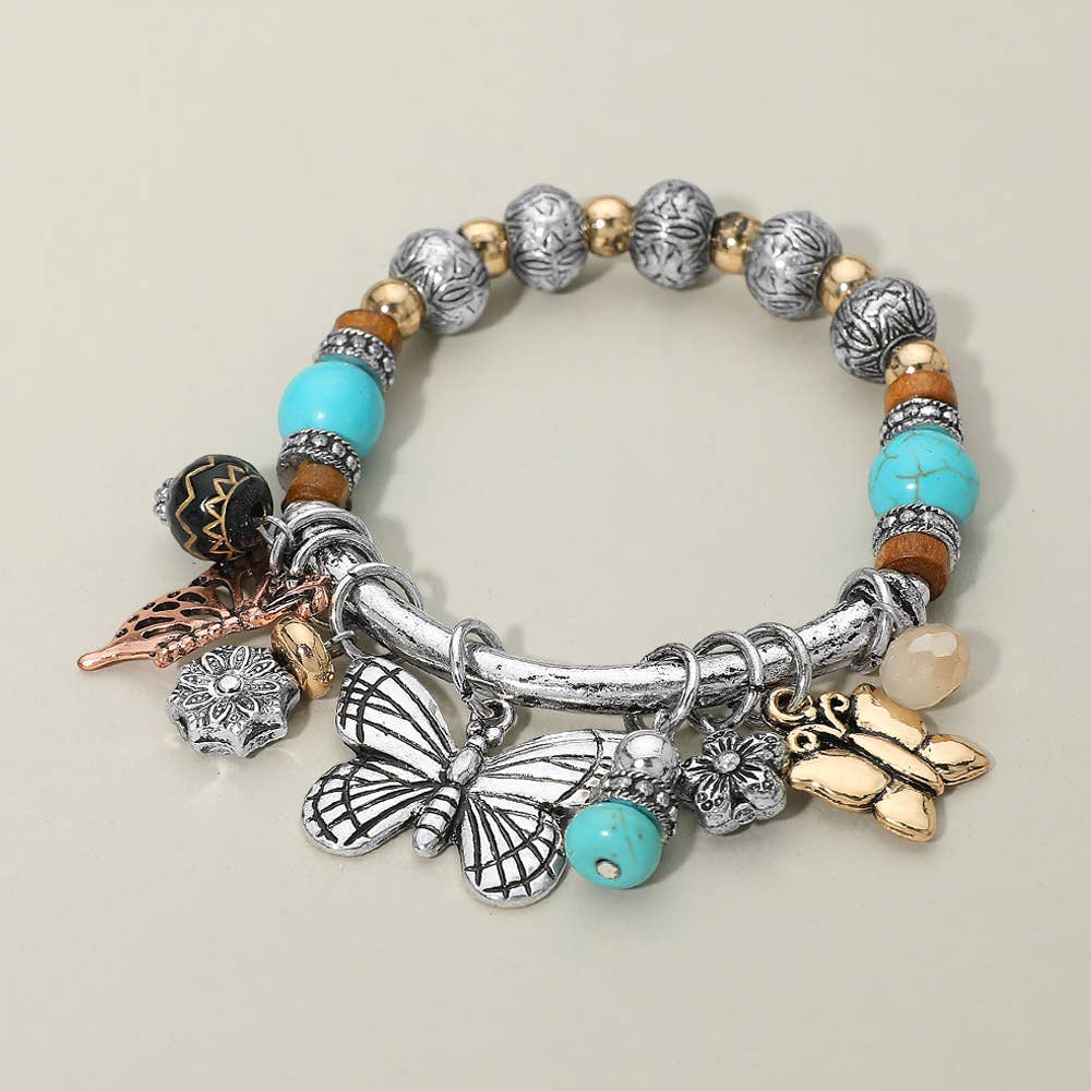 Boho Butterfly Floral Beads Charm Beaded Stretch Bracelet