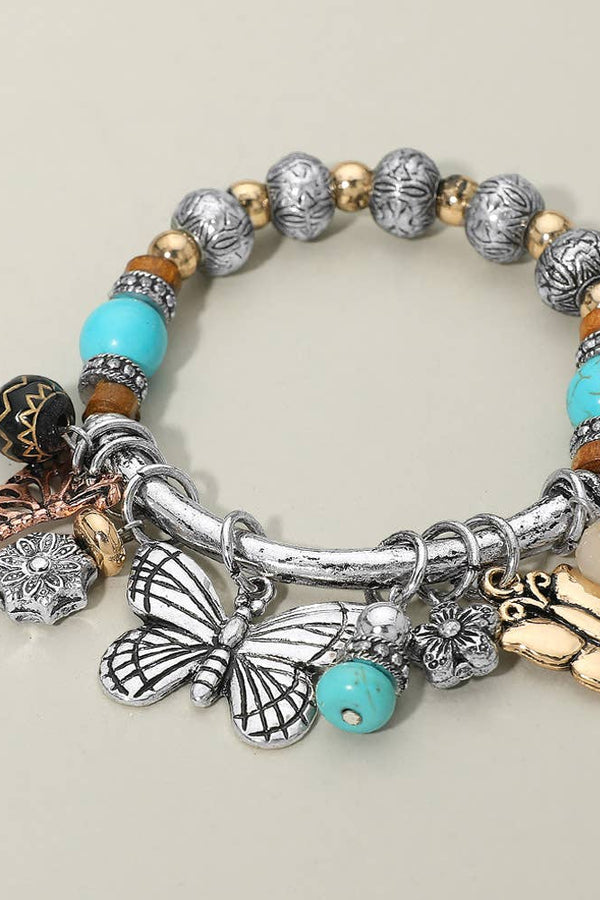 Boho Butterfly Floral Beads Charm Beaded Stretch Bracelet