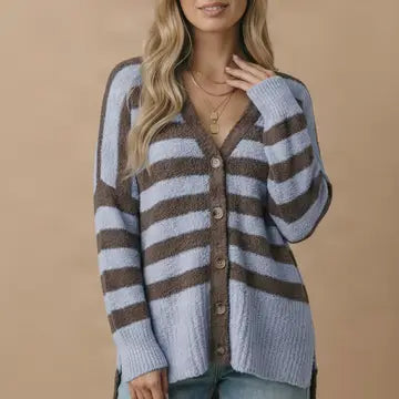 Pop Into Cozy Cardigan - Brown/Slate Blue