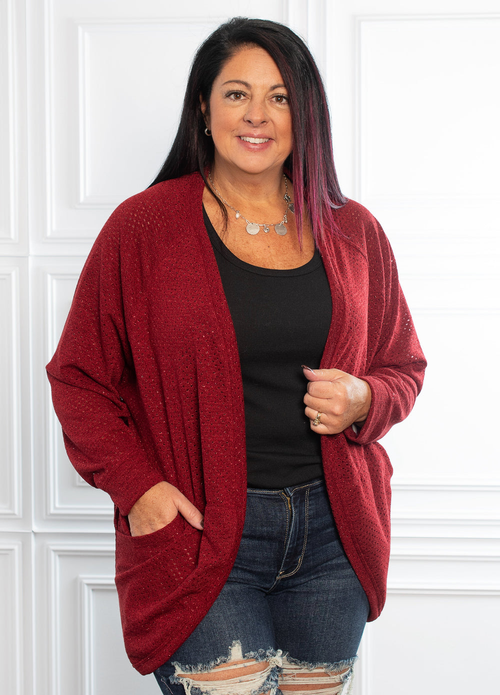 Whispering Threads Cardigan- Burgindy