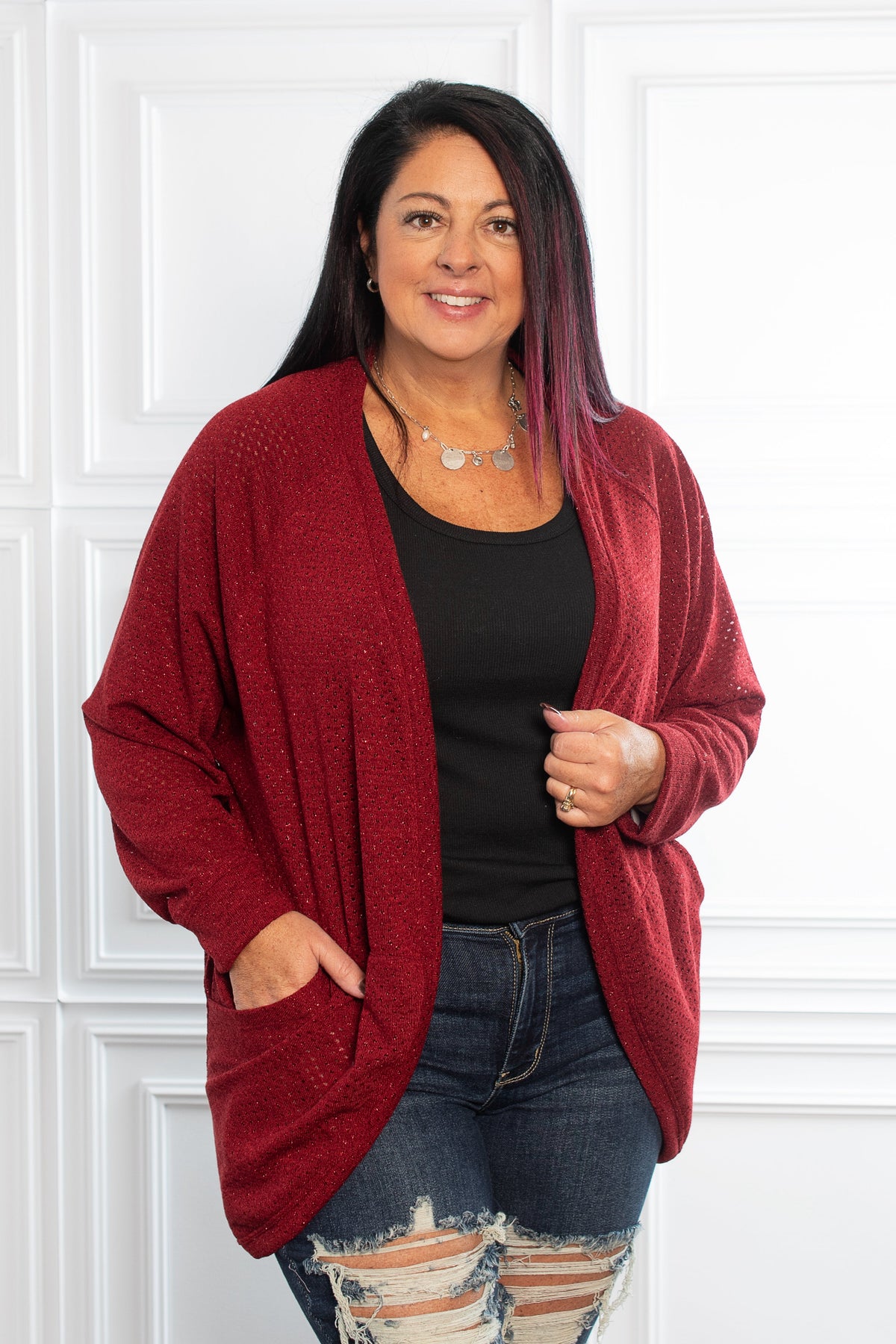 Whispering Threads Cardigan- Burgindy