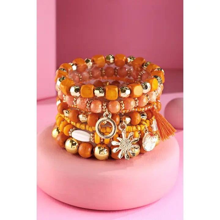 7 Layered India Beads Stacking Stretch Bracelet - Coral