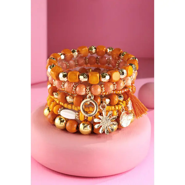 7 Layered India Beads Stacking Stretch Bracelet - Coral
