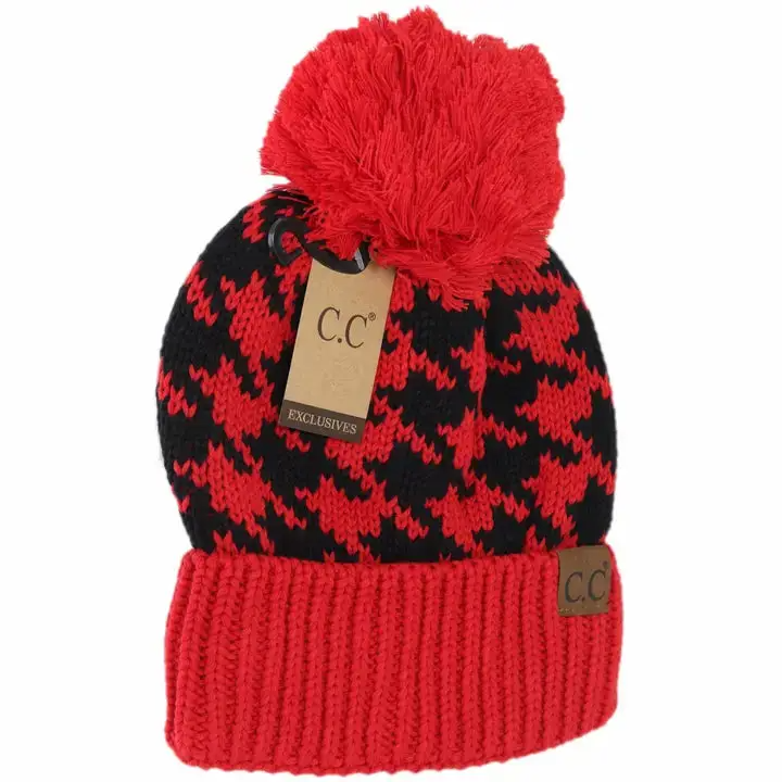 C.C Houndstooth Pom Beanie - Multiple Colors