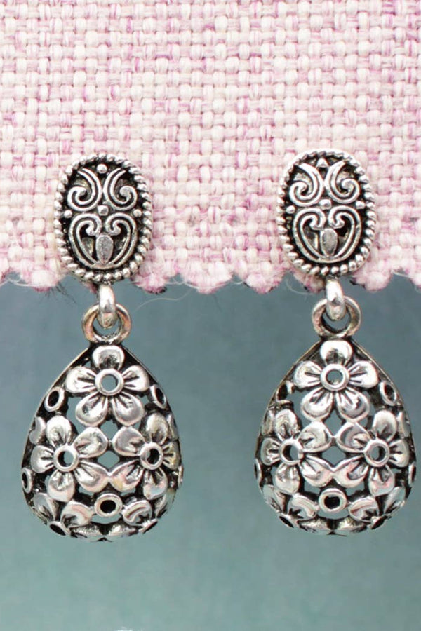 Vintage Drops Silver Flower Teardrop Post Earrings