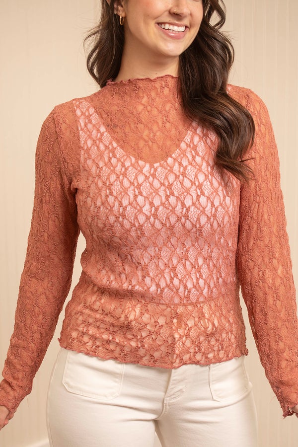 Jollie Lace Thumb Hole Mesh Top-Cinnamon