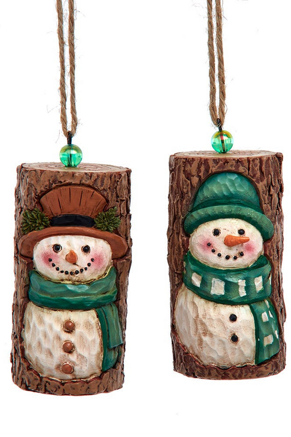 3.10" Resin Tree Bark Snowman Ornament