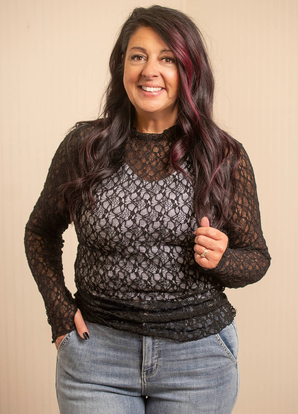 Jollie Lace Thumb Hole Mesh Top-Black