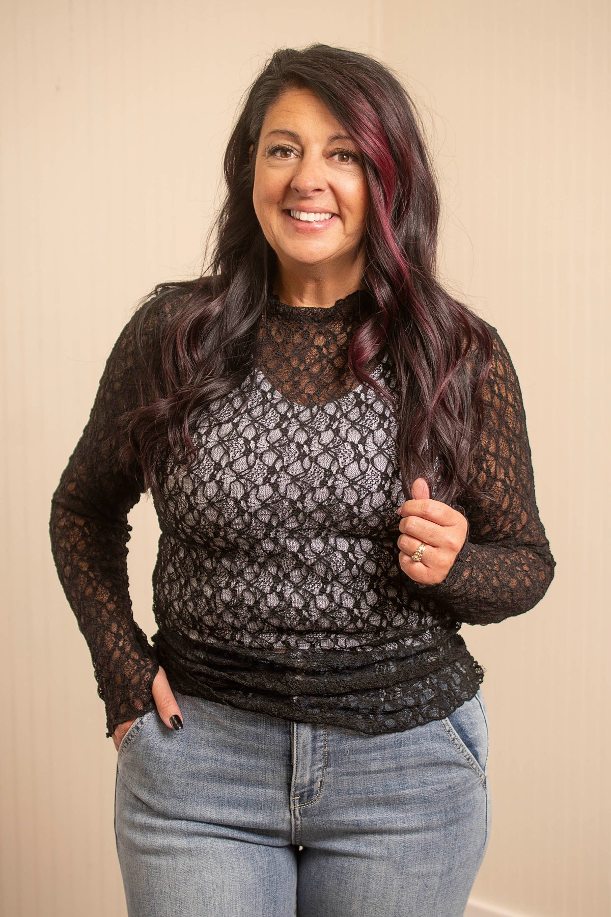 Jollie Lace Thumb Hole Mesh Top-Black