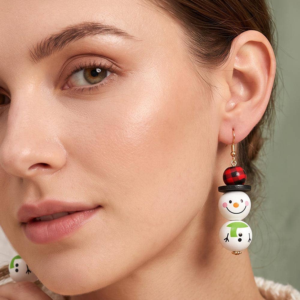 Wooden Ball Snowman Drop Dangle Earrings
