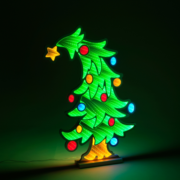 23.6"H UL Electric Christmas Tree Infinity Mirror Light W/ Wooden Base