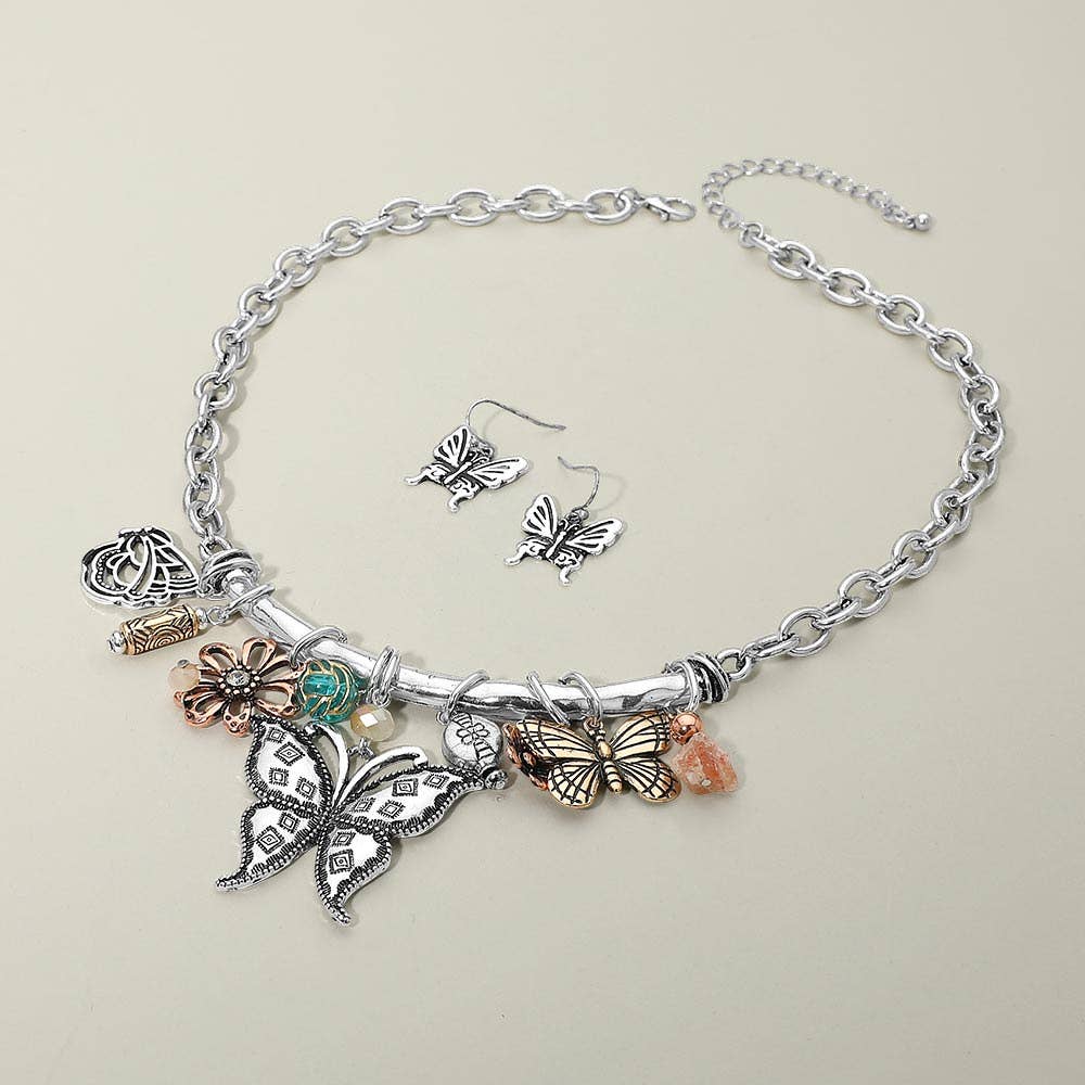 Boho Butterfly Floral Charm Statement Necklace