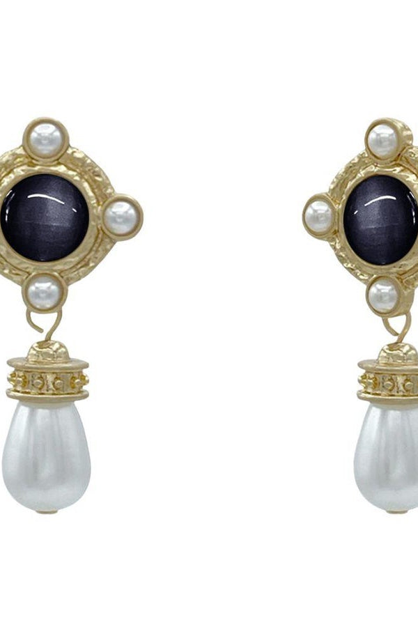 Stone Bead Metal Pearl Dangle Earring