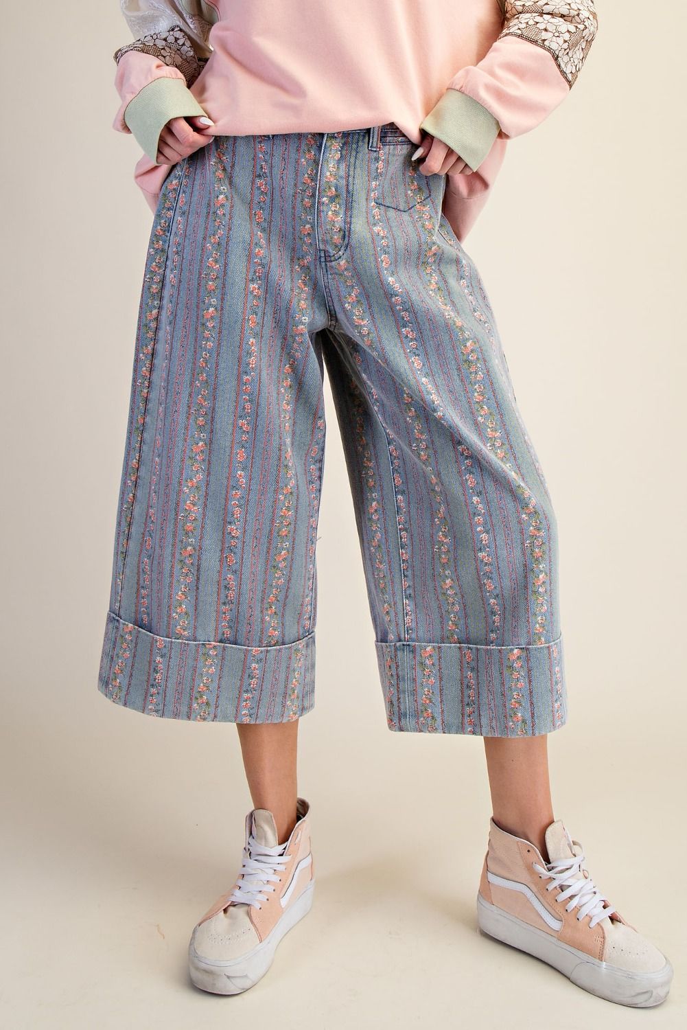 Floral Print Denmi Capris - Washed Denim
