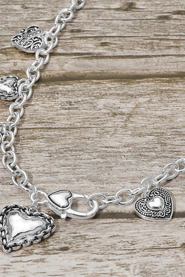 Antique Metal Heart Charm Station Necklace