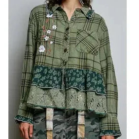 Plaid Embroidered Lace Trim Top - Olive Multi