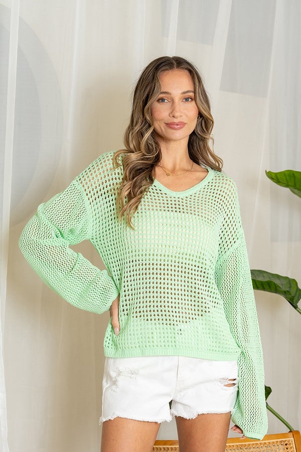 Loose Fit Long Sleeves Crochet Top - Mint