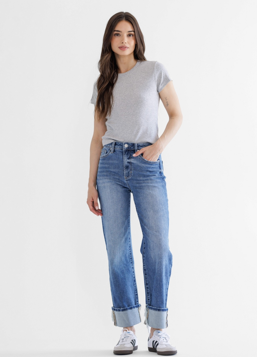 PREORDER- Super High Rise Relaxed Straight Cuffed Leg Jeans