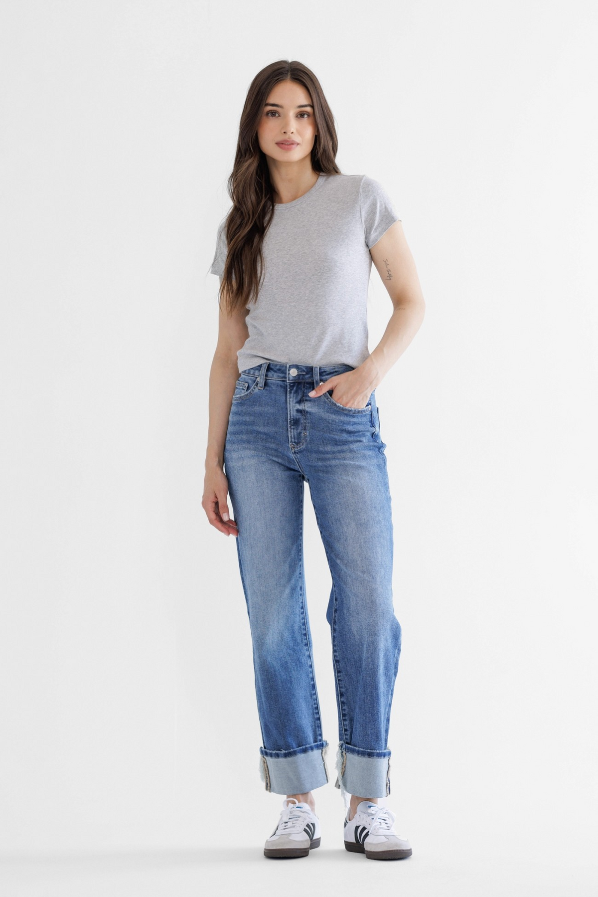 PREORDER- Super High Rise Relaxed Straight Cuffed Leg Jeans
