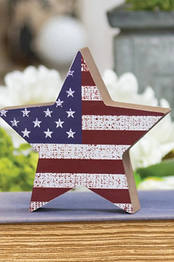 Land Of The Free USA Flag Chunky Wooden Star